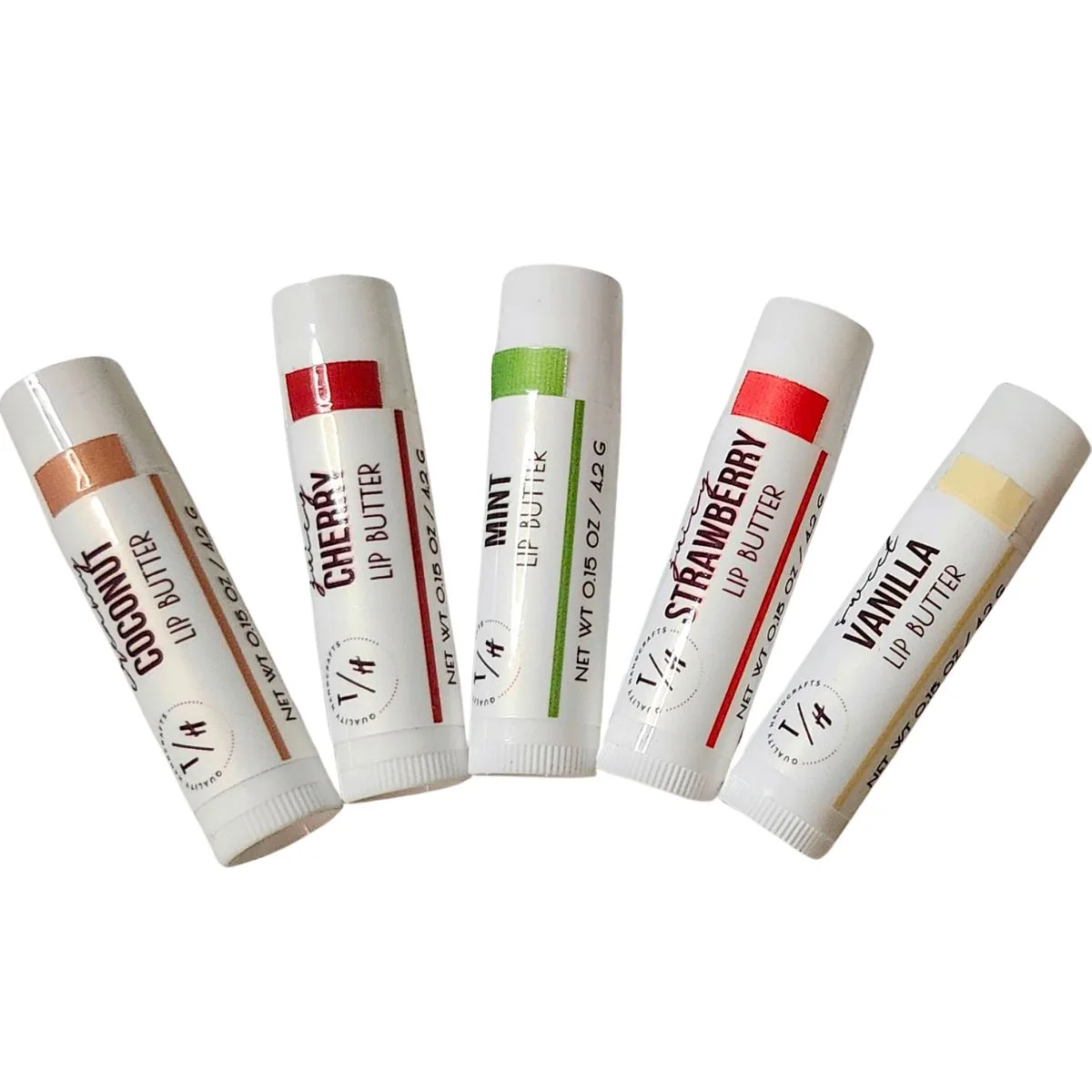 5 tubes of lip balm are displayed