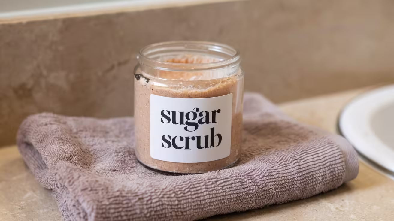 Elegant jar of sugar scrub displayed on a clean counter, essential for routine exfoliation.