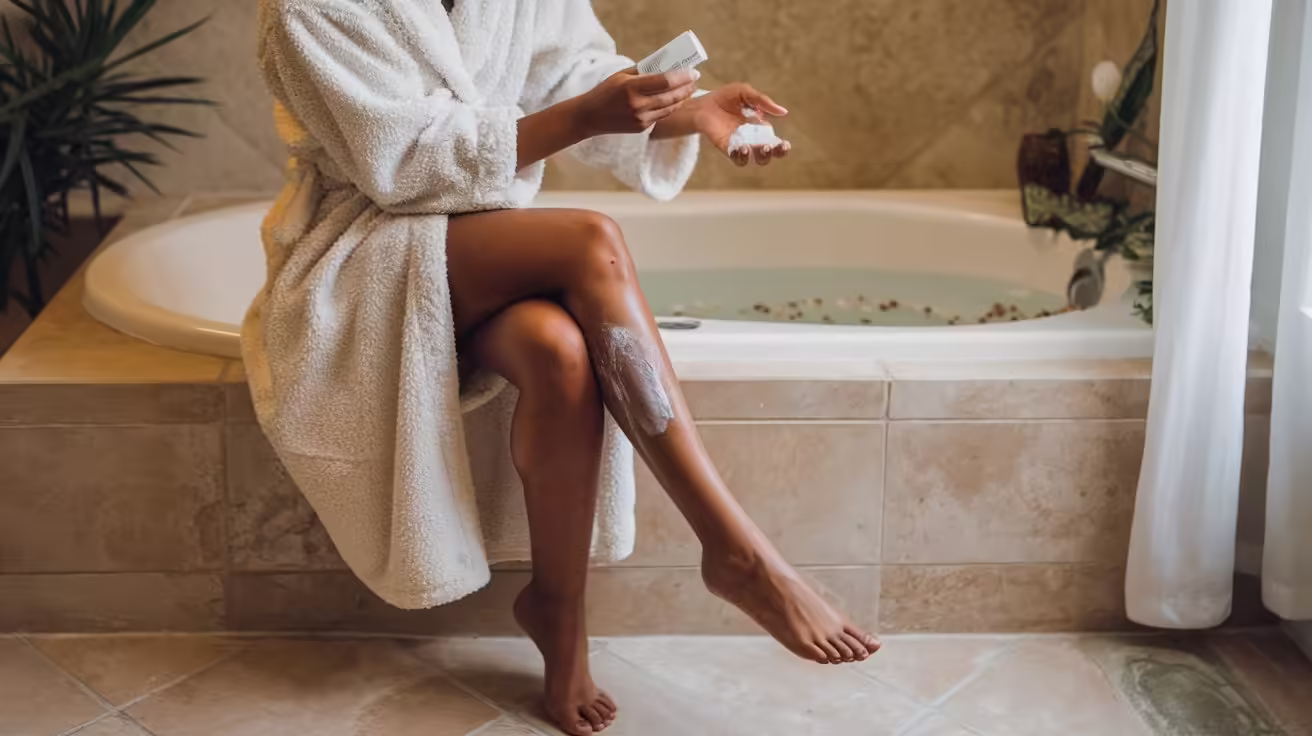 Woman sitting on the edge of a bathtub, applying lotion to her legs. The bathroom is well-lit and features a clean, modern design.