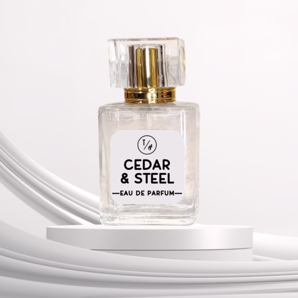 Cedar & Steel eau de parfum bottle on a white platform against a white background