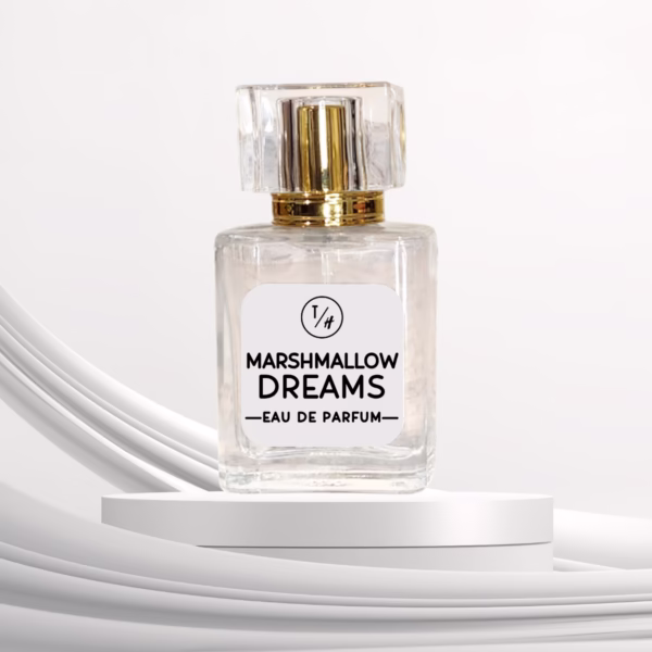 Marshmallow Dreams eau de parfum bottle on a white platform against a white background