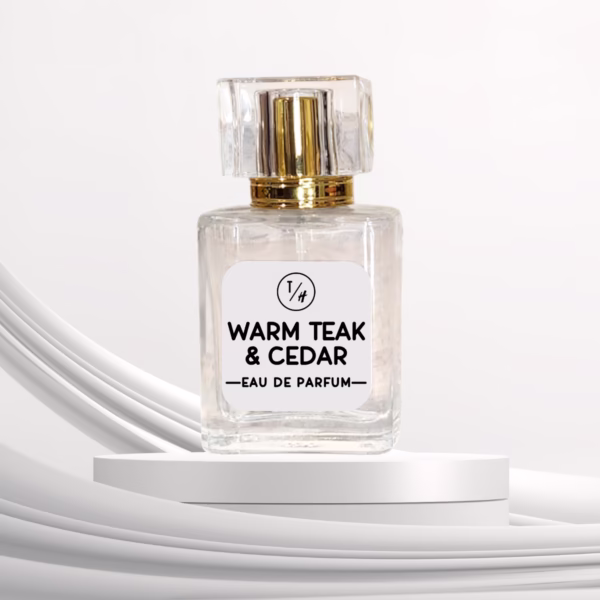 Warm Teak & Cedar eau de parfum bottle on white background