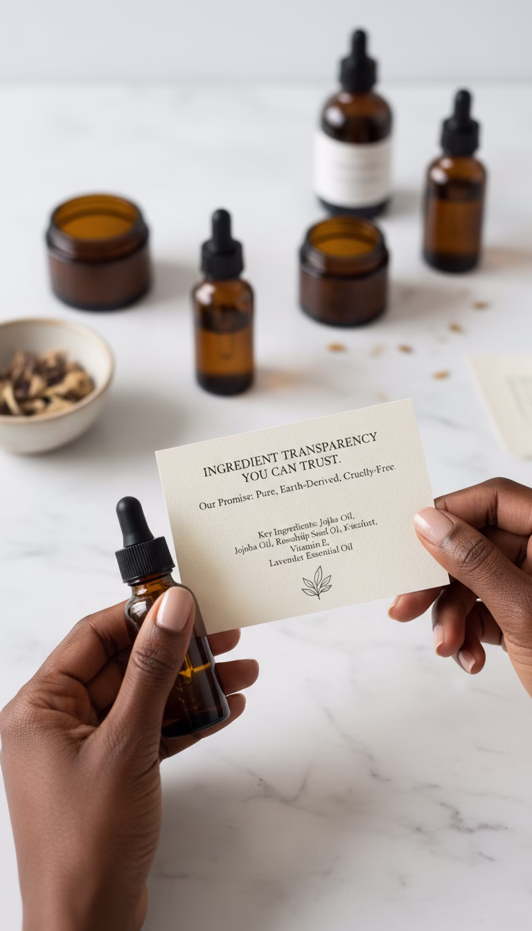 Flat lay of luxury skincare products with an ingredient list card and natural ingredients on a light background