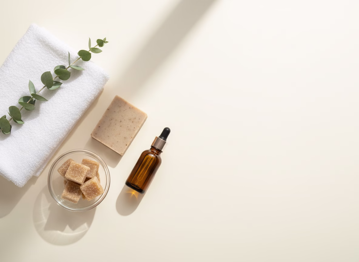 Minimalist flat lay of a white towel, artisan bar soap, sugar scrub cubes in a glass bowl, an amber body oil bottle, and a eucalyptus sprig on a pale background
